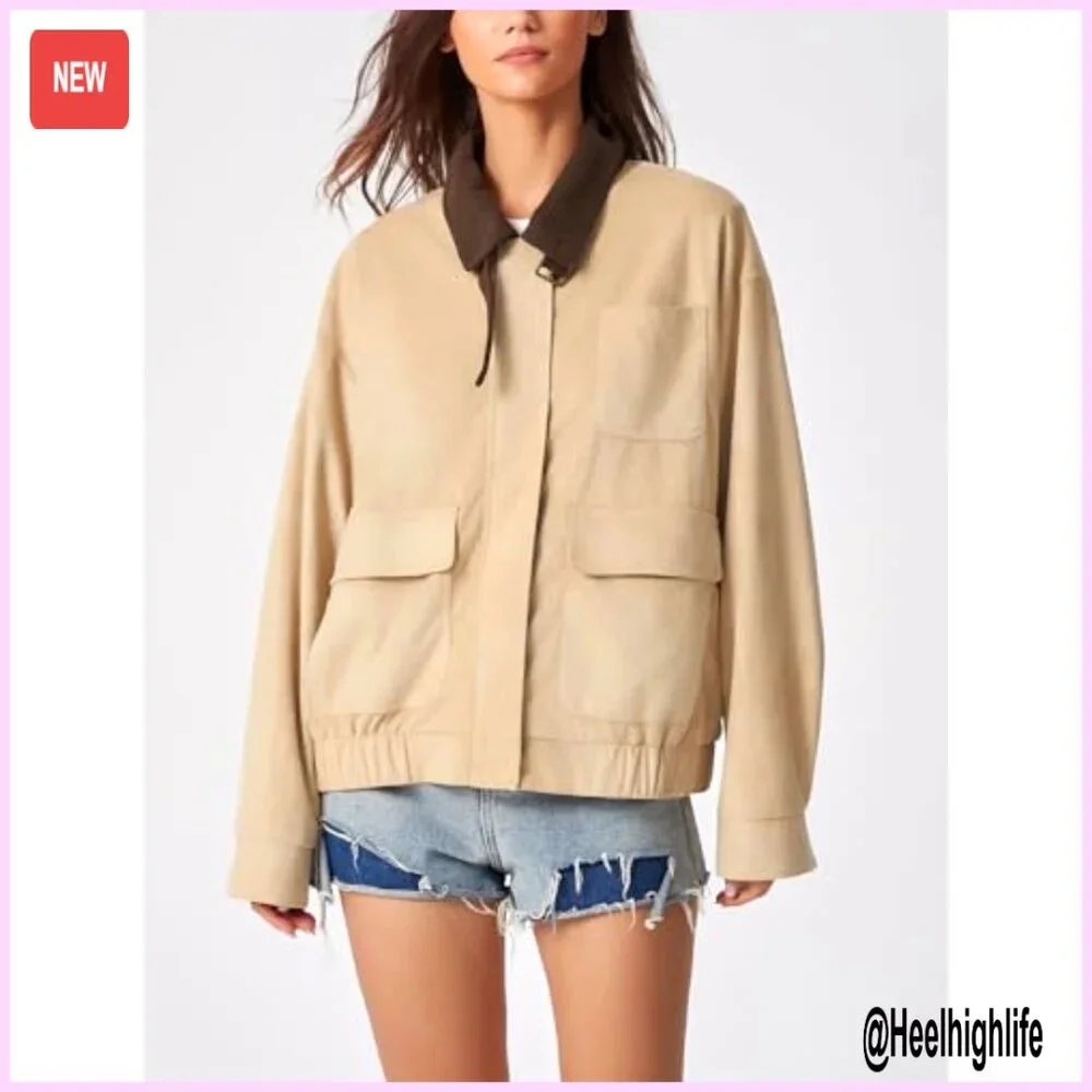 Oversized Faux Suede Bomber Jacket with Corduroy Collar, Utility Pockets - Picture 5 of 7